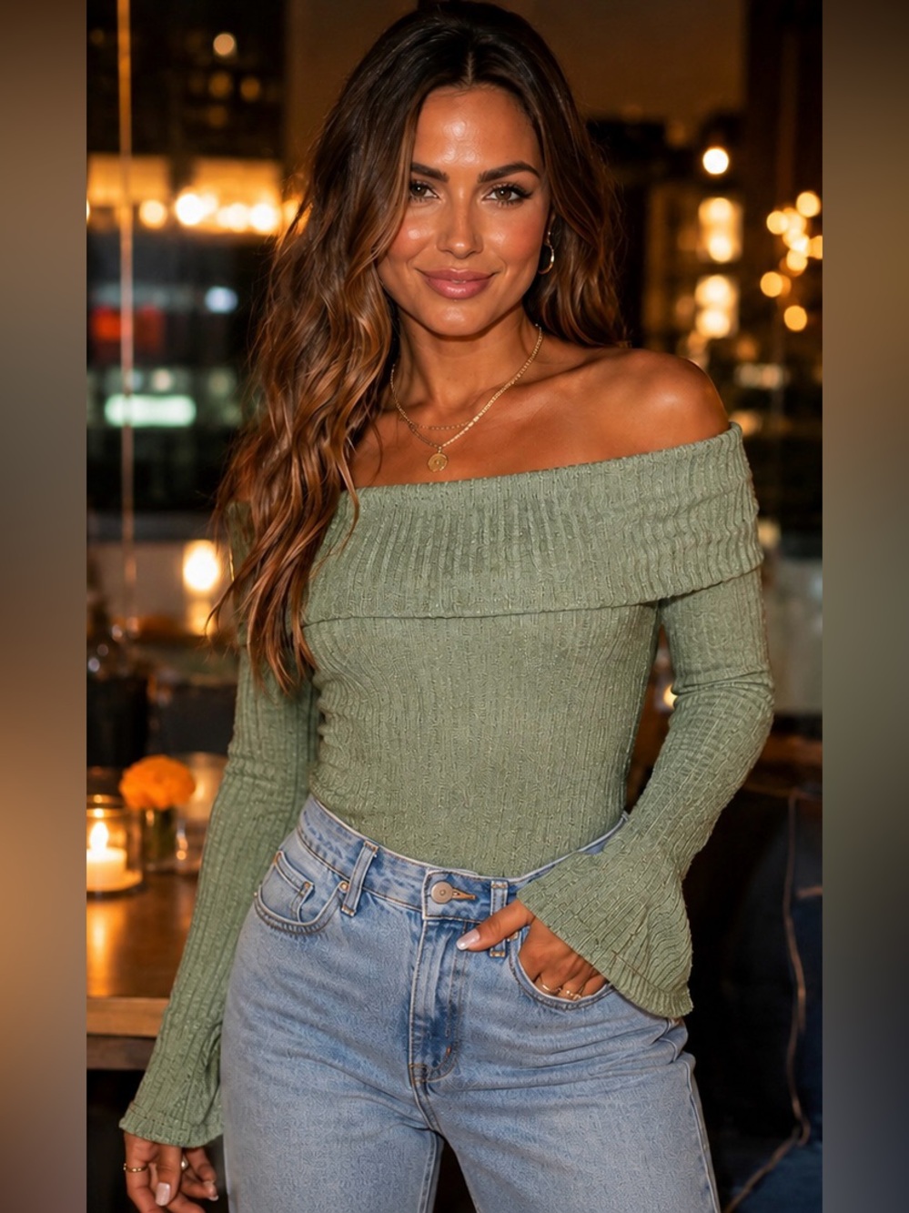 Cider Sage Green Off-the-Shoulder Ribbed Knit Sweater